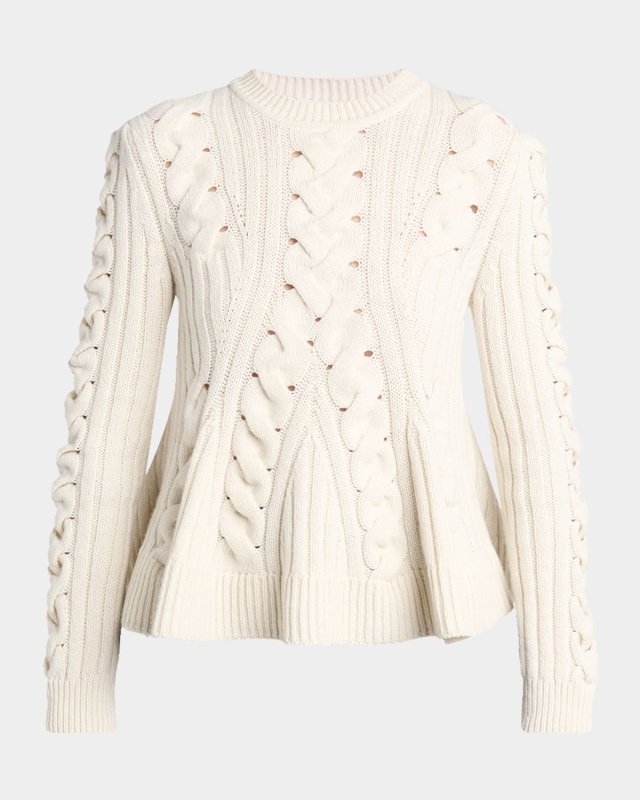 Peplum Cable-Knit Wool Cashmere Sweat